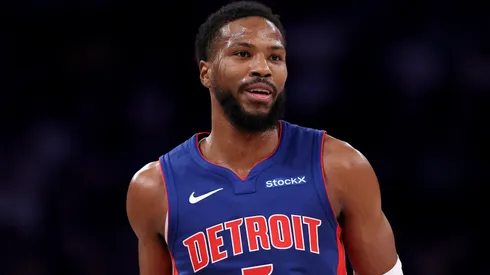Malik Beasley #5 of the Detroit Pistons reacts to his three point shot against the Knicks.