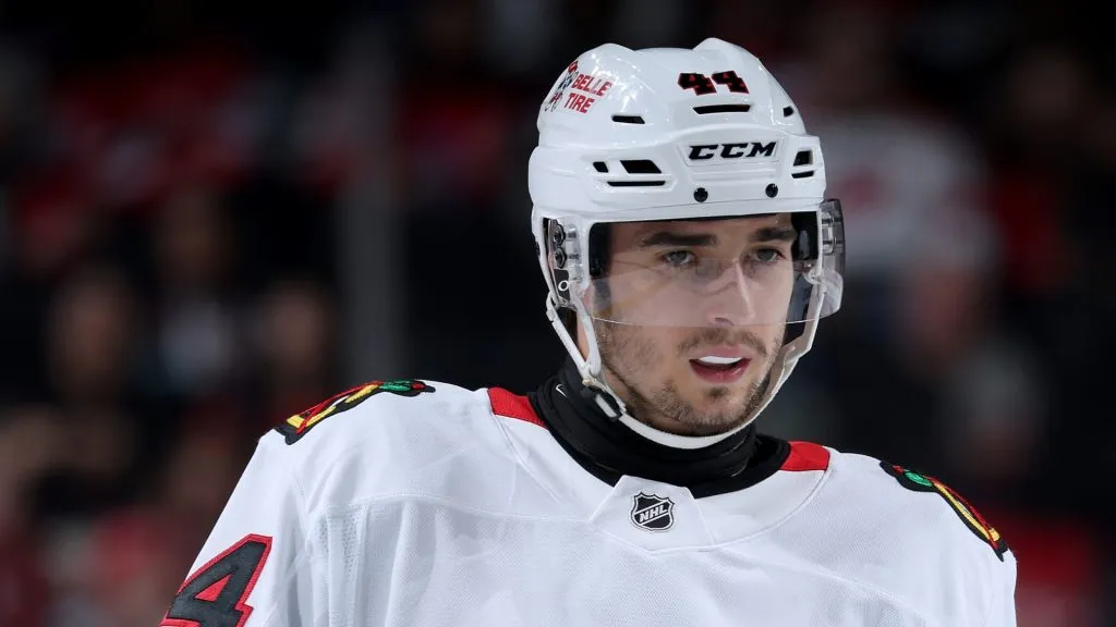 Wyatt Kaiser #44 of the Chicago Blackhawks against the New Jersey Devils at Prudential Center.