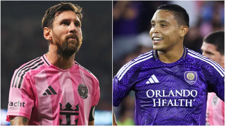 Lionel Messi #10 of Inter Miami CF and Luis Muriel #9 of Orlando City.