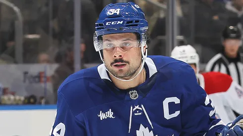 Auston Matthews #34 of the Maple Leafs skates against of the Canadiens.