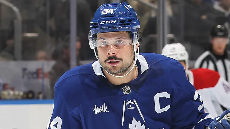 Auston Matthews #34 of the Maple Leafs skates against of the Canadiens.