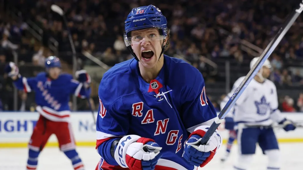 Artemi Panarin #10 of the New York Rangers reacts after scoring a goal against the Toronto Maple Leafs on March 20, 2025. (Photo by Sarah Stier/Getty Images)