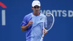 Zachary Svajda celebrates after winning a game against Yasutaka Uchiyama during Day 1 of the Mubadala Citi DC Open.