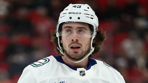 Quinn Hughes #43 of the Vancouver Canucks against the Carolina Hurricanes at Lenovo Center on January 10, 2025.