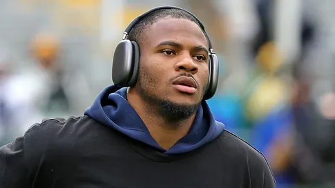 Micah Parsons #11 of the Dallas Cowboys participates in warmups.
