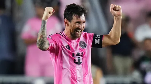 Lionel Messi #10 of Inter Miami CF celebrates after winning the Leagues Cup Semifinal against Orlando City.