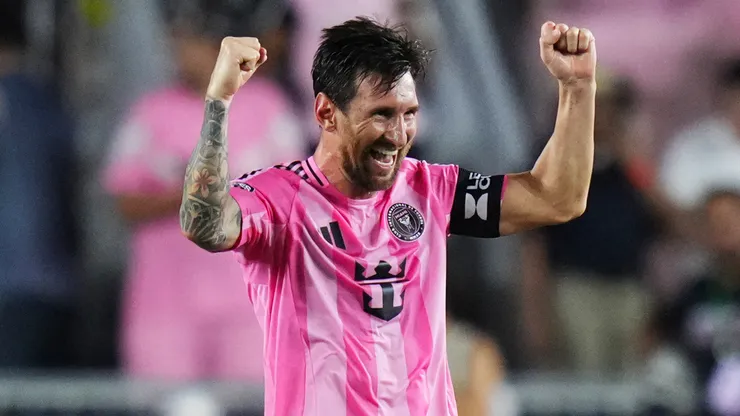Lionel Messi #10 of Inter Miami CF celebrates after winning the Leagues Cup Semifinal against Orlando City.