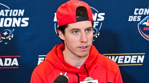 Mitch Marner takes questions during media day ahead of the 2025 NHL 4 Nations Face-Off.