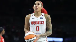 Shakira Austin #0 of the Washington Mystics shoots a free throw against the Las Vegas Aces in the fourth quarter of their game.