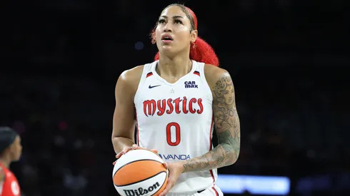 Shakira Austin #0 of the Washington Mystics shoots a free throw against the Las Vegas Aces in the fourth quarter of their game.