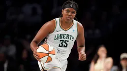 Jonquel Jones #35 of the New York Liberty in action against the Chicago Sky during the first half in 2025.