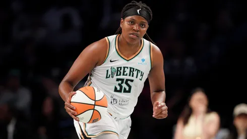 Jonquel Jones #35 of the New York Liberty in action against the Chicago Sky during the first half in 2025.