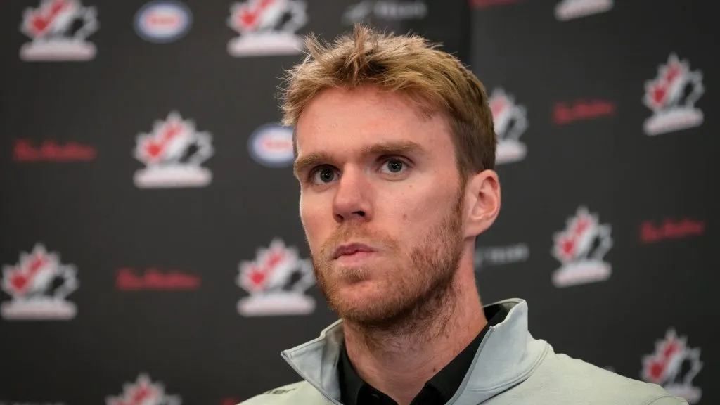 Connor McDavid speaking with the media