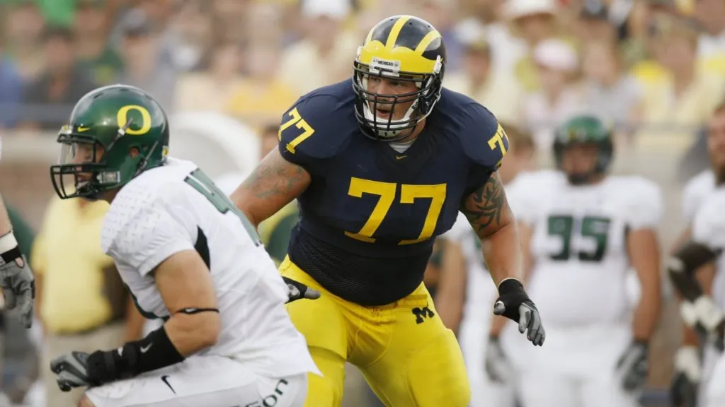 Jake Long #77 of the Michigan Wolverines blocks against the Oregon Ducks during their game in 2007. (Source: Gregory Shamus/Getty Images)