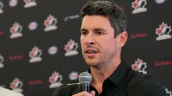 Sidney Crosby speaks to media during Hockey Canada's 2025 National Teams Orientation Camp.