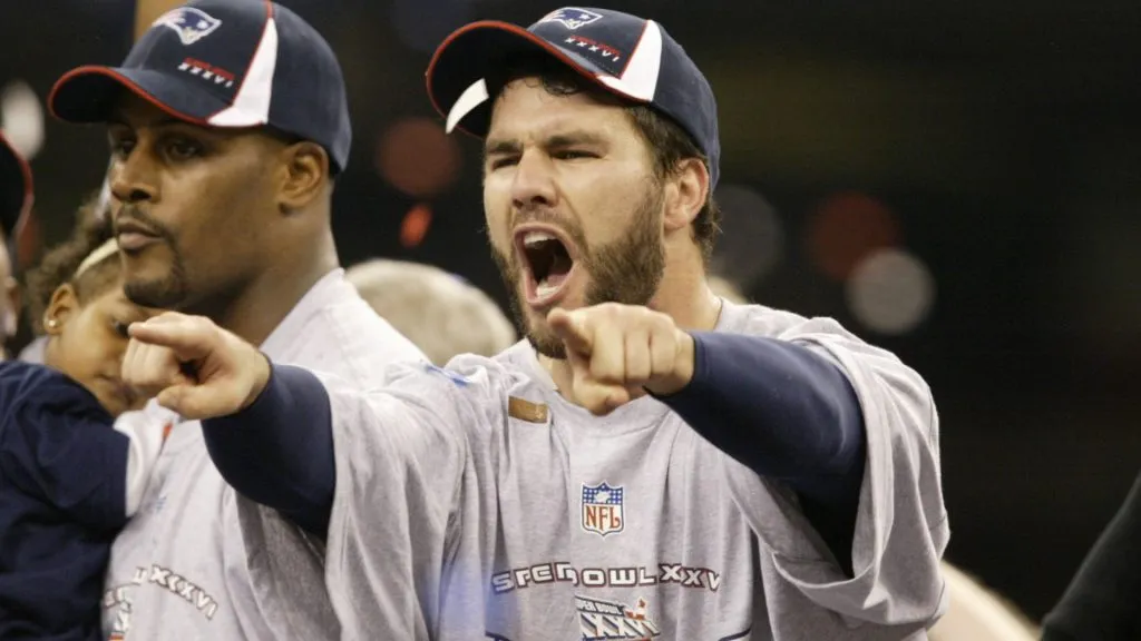 Adam Vinatieri of the New England Patriots celebrates winning Super Bowl XXXVI . (Source: Andy Lyons/Getty Images)