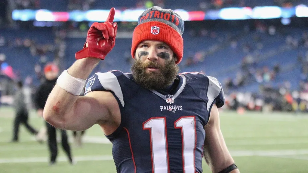 Julian Edelman #11 of the New England Patriots reacts after the Patriots 34-16 victory over the Houston Texans in 2017. (Source: Jim Rogash/Getty Images)