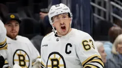 Brad Marchand #63 of the Boston Bruins at Climate Pledge Arena on February 26, 2024 in Seattle, Washington.