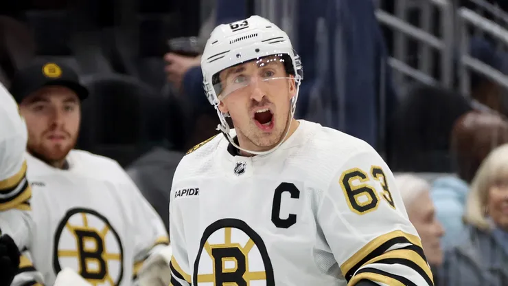 Brad Marchand #63 of the Boston Bruins at Climate Pledge Arena on February 26, 2024 in Seattle, Washington.