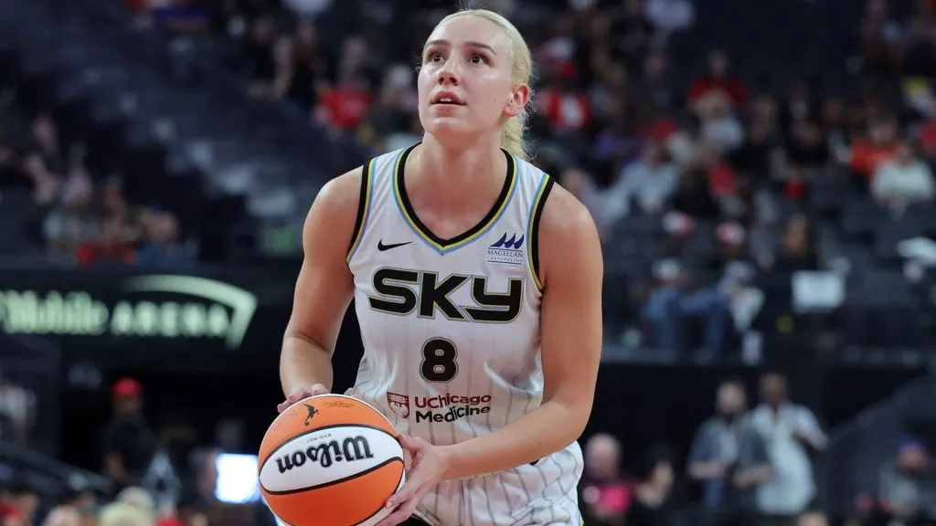 Alanna Smith shoots a free throw in the first quarter of Game One of the 2023 WNBA Playoffs first round. (Source: Ethan Miller/Getty Images)