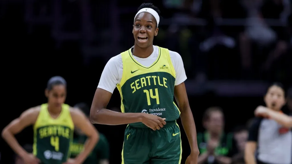 Dominique Malonga #14 of the Seattle Storm reacts while checking in during the first half of the WNBA game in 2025. (Source: Ryan Sirius Sun/Getty Images)