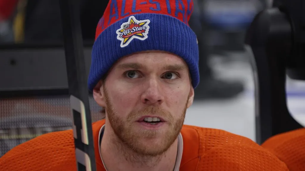 Connor McDavid looks on during the NHL All Star