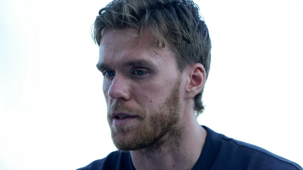 Connor McDavid speaks with reporters