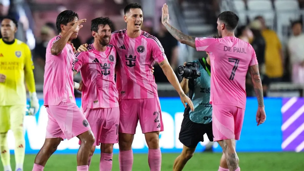 Lionel Messi celebrates with teammates after reaching the 2025 Leagues Cup final. (Rich Storry/Getty Images)