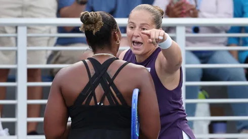 Jelena Ostapenko argues with Taylor Townsend following their US Open match.