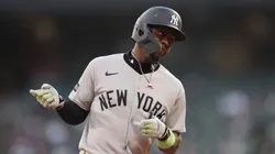Jazz Chisholm Jr. celebrates after hitting a solo home run on August 28, 2025 in Chicago.
