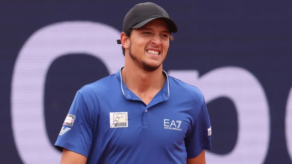 Luciano Darderi reacts during his quarter final match on day seven of the BMW Open in 2025. (Source: Alexander Hassenstein/Getty Images for BMW)