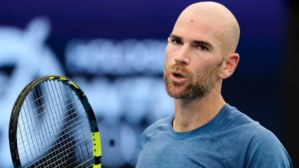 Adrian Mannarino celebrates victory in the Group D match against Lorenzo Sonego during day 5 of the 2024 United Cup. (Source: Brett Hemmings/Getty Images)
