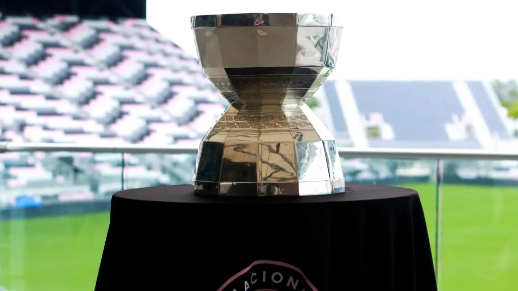 A detailed view of the Leagues Cup trophy is seen after an Inter Miami training session on August 21, 2023. (Source: Megan Briggs/Getty Images)