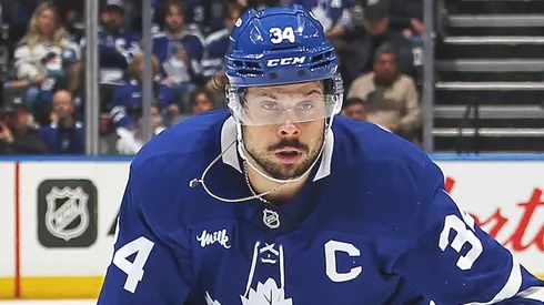 Auston Matthews #34 of the Toronto Maple Leafs skates during an NHL game.