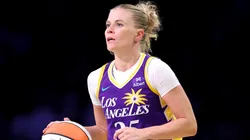 Julie Vanloo #35 of the Los Angeles Sparks dribbles the ball against the Seattle Storm in 2025.