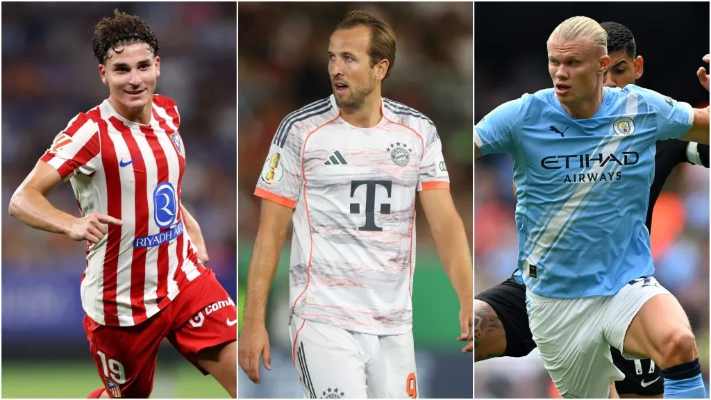 Julian Alvarez, Harry Kane and Erling Haaland playing a game