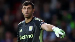 Emiliano Martinez of Aston Villa gestures during the pre-season friendly against Roma.