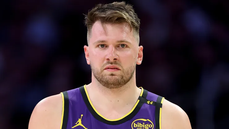 Luka Doncic #77 of the Los Angeles Lakers looks on during an NBA game.