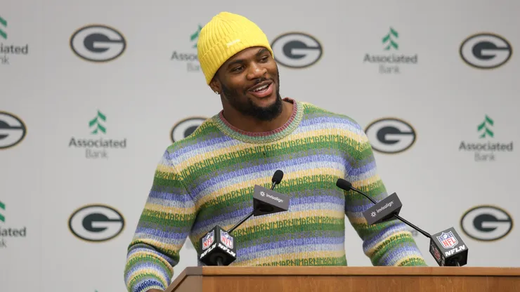 Former Dallas Cowboy Micah Parsons speaks to the media during a press conference.