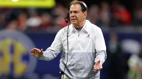 Head coach Nick Saban of the Alabama Crimson Tide reacts to a play.