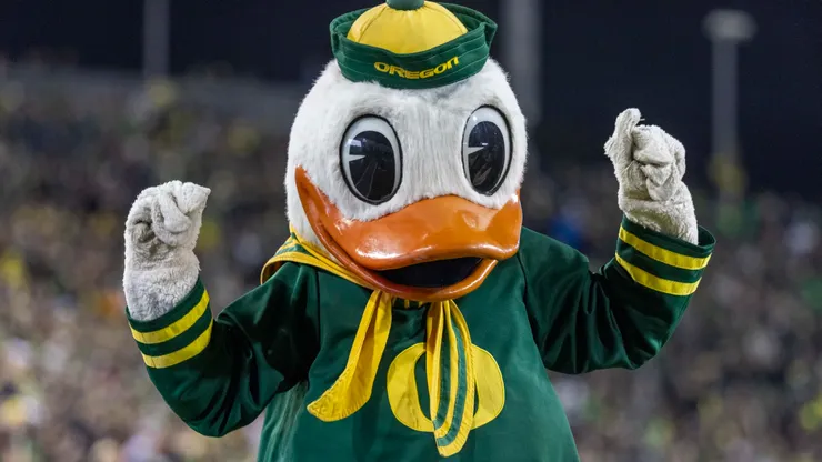 Puddles the mascot of the Ducks cheers against USC on November 11, 2023 in Eugene.