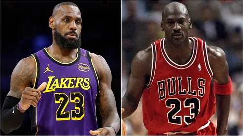 LeBron James #23 of the Los Angeles Lakers and Michael Jordan of the Chicago Bulls.