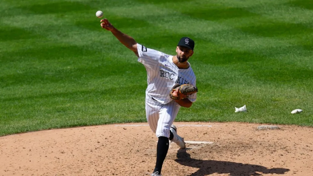Nick Anderson delivers a pitch in the seventh inning against the Blue Jays on August 6, 2025 in Colorado. (Photo by Justin Edmonds/Getty Images)
