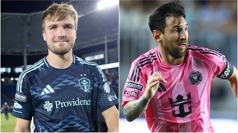 Pedro De La Vega #10 of Seattle Sounders and Lionel Messi #10 of Inter Miami CF.