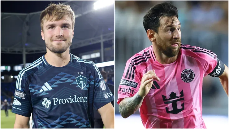 Pedro De La Vega #10 of Seattle Sounders and Lionel Messi #10 of Inter Miami CF.