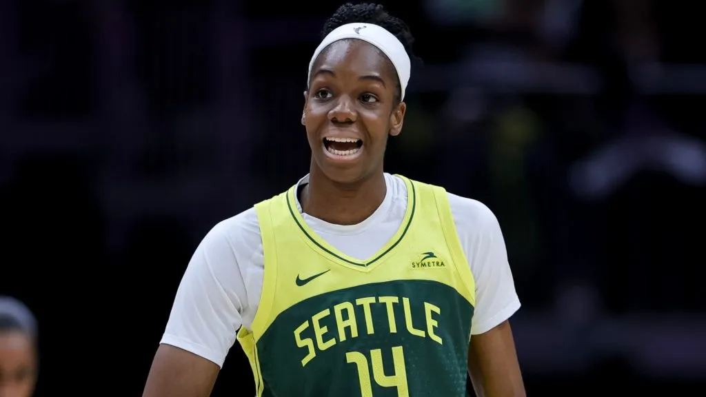 Dominique Malonga #14 of the Seattle Storm reacts while checking in during the first half of the WNBA game in 2025. (Source: Ryan Sirius Sun/Getty Images)