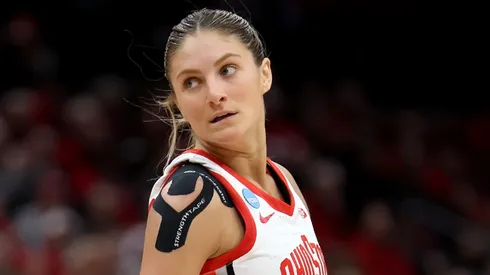 Jacy Sheldon stands on the court during the NCAA Women's Basketball Tournament First Round game in 2024.