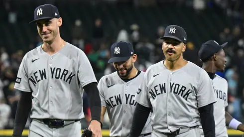 The New York Yankees celebrate after the game against the Chicago White Sox.
