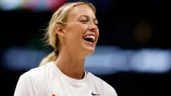 Sophie Cunningham #8 of the Indiana Fever laughs before the start of the game.