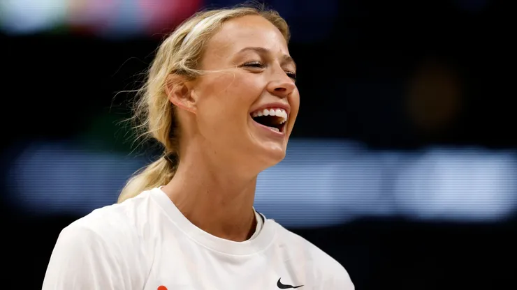Sophie Cunningham #8 of the Indiana Fever laughs before the start of the game.
